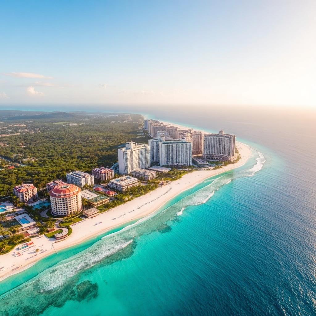 Aerial view of Cancún Hotel Zone with turquoise water and beachfront resorts