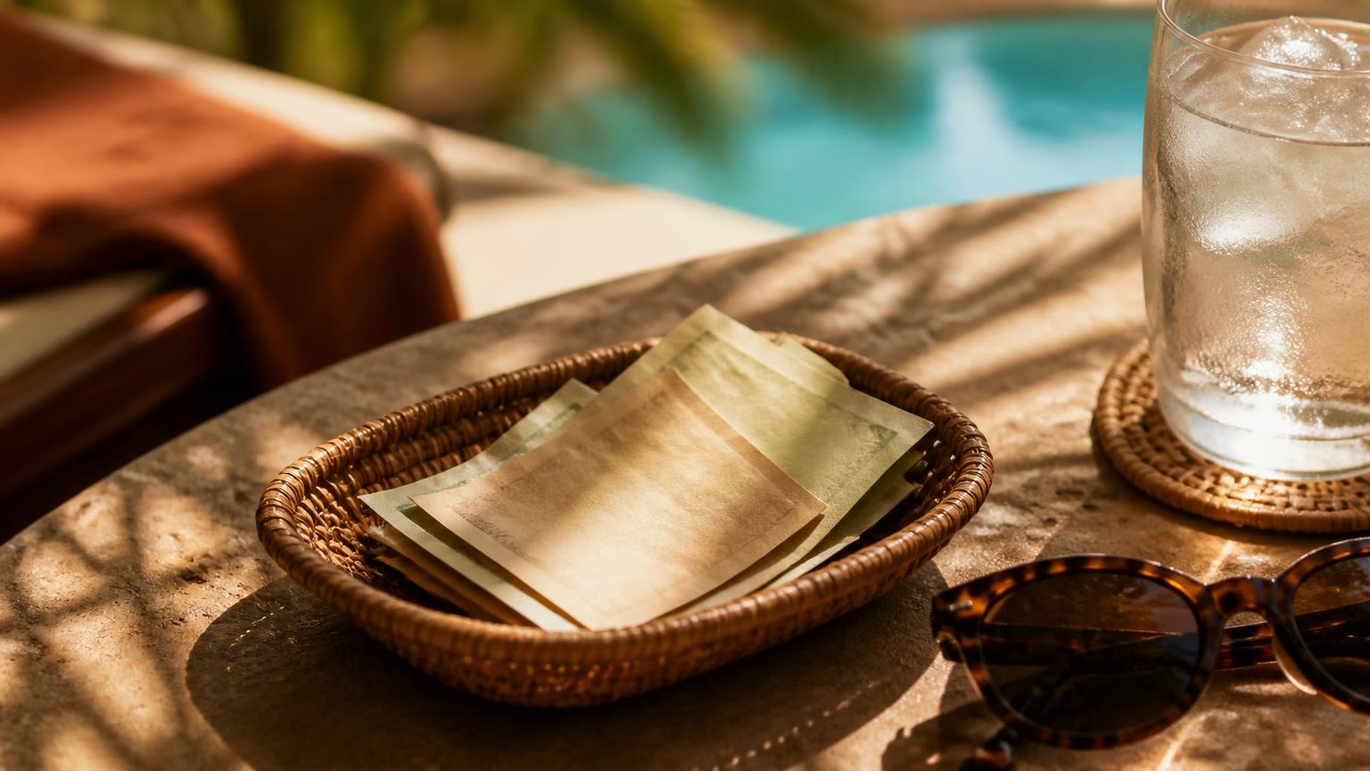 Woven tip tray holding folded banknotes beside a glass of iced water in dappled palm shade