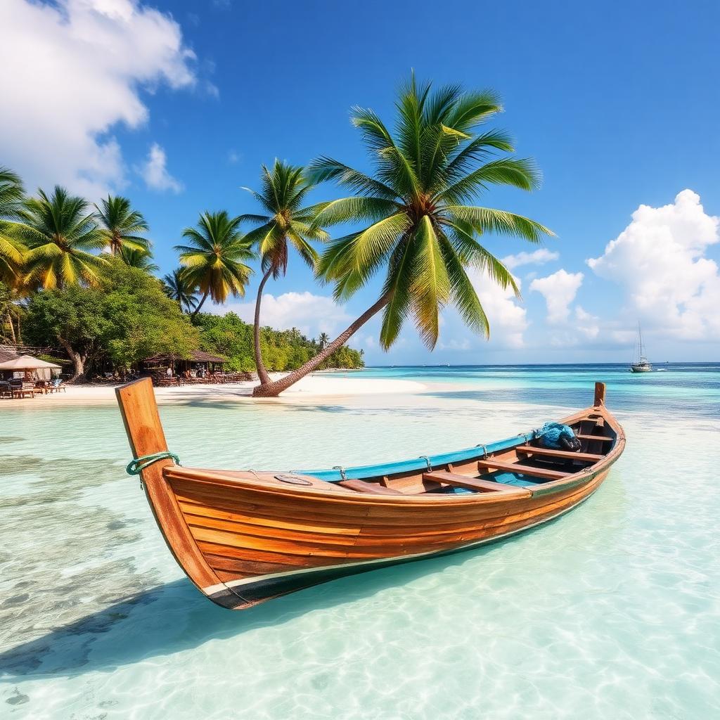 Wooden boat on the clear water of Negril's Seven Mile Beach in Jamaica with palm trees