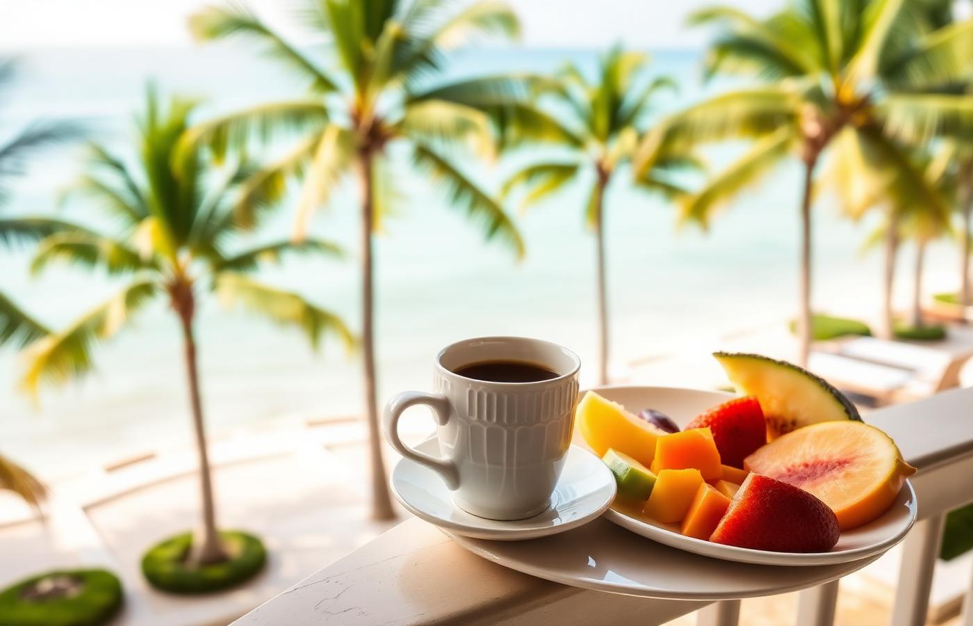 Morning coffee on a balcony overlooking palms and ocean