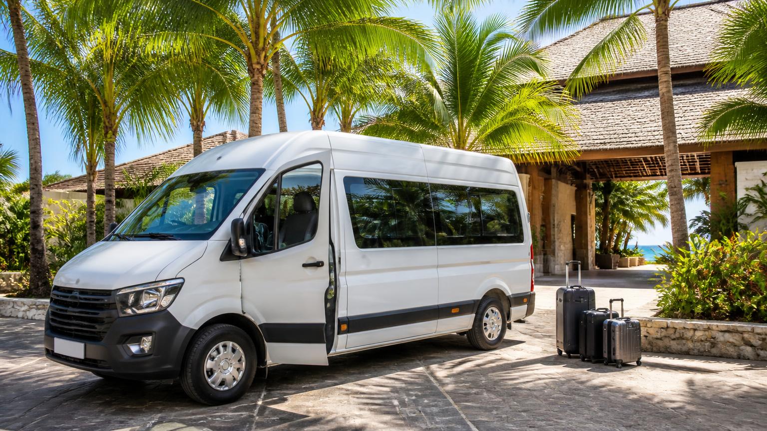 White air-conditioned transfer minibus under palm trees outside a tropical resort entrance