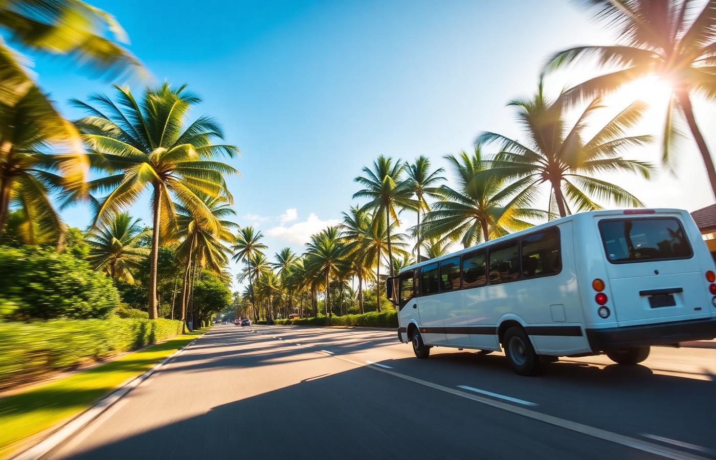 Private transfer van waiting under palms outside a tropical airport