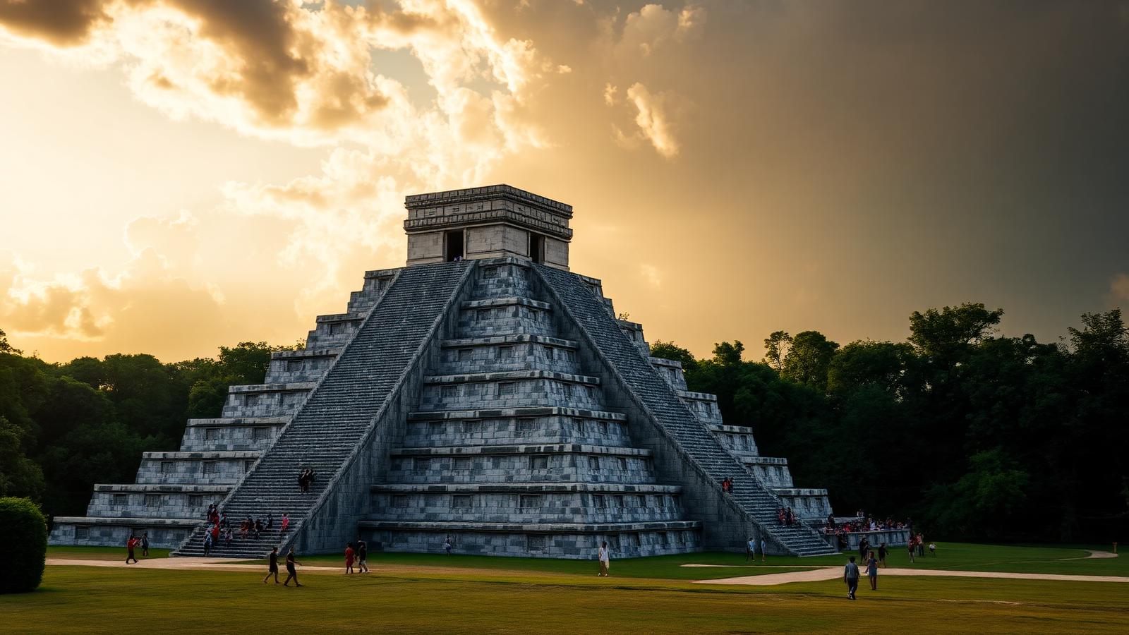 The Chichen Itza Mayan pyramid at golden hour in Mexico