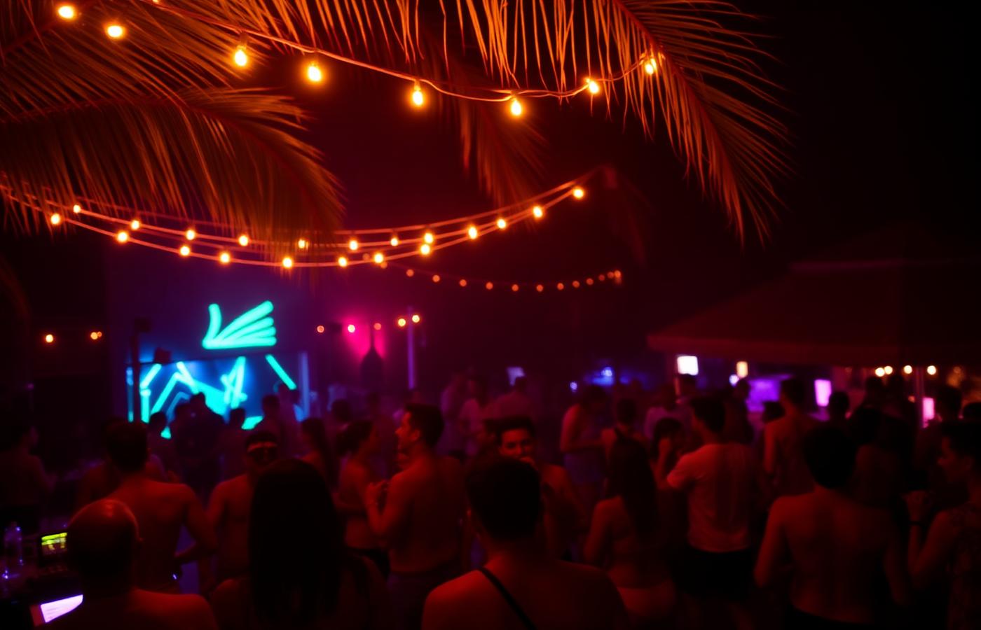 Beach club at night with warm lighting and silhouetted dancers