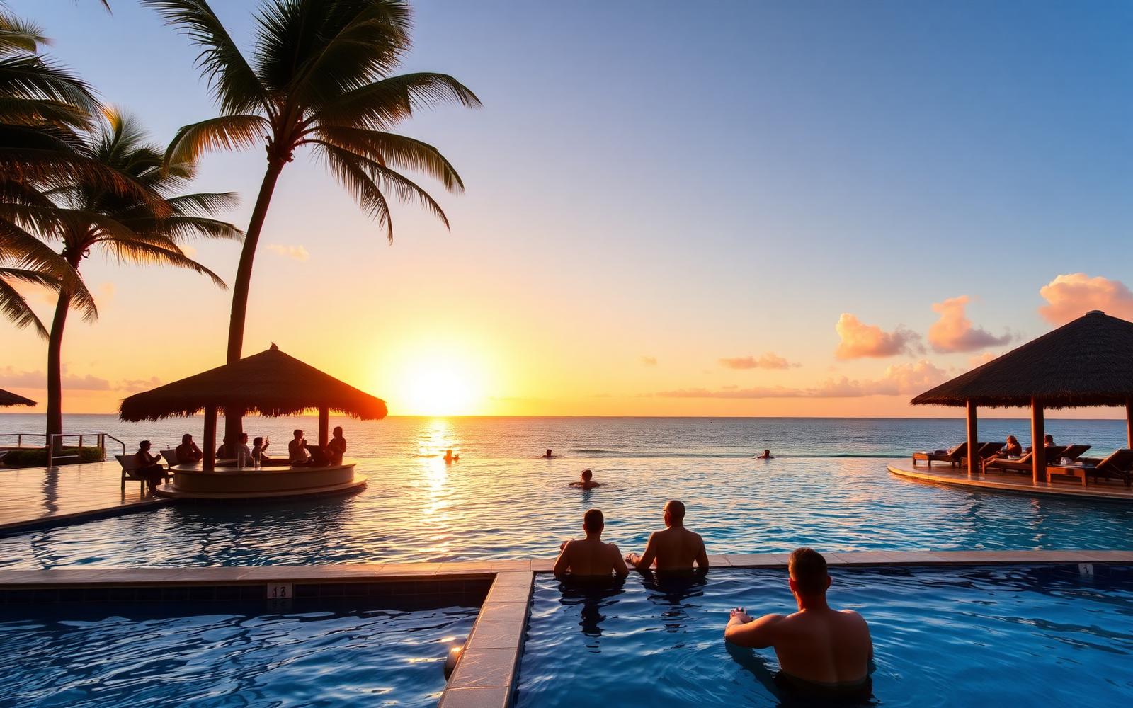 Resort infinity pool at sunset with swim-up bar