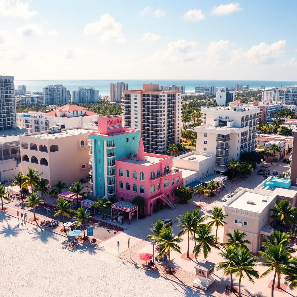 Aerial view of Miami South Beach with pastel Art Deco buildings and palm-lined promenade