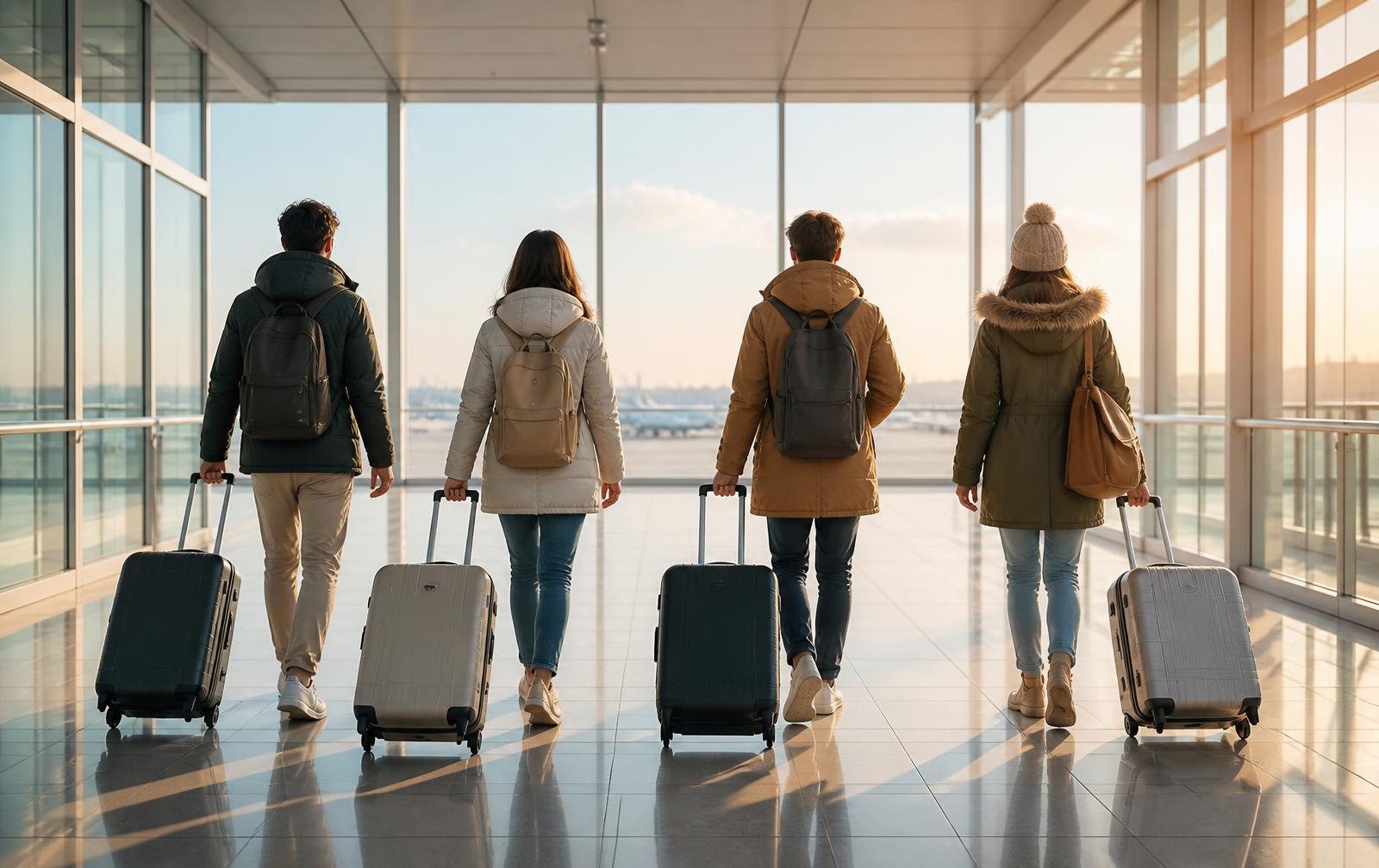 Four travellers in winter jackets walking through an airport with suitcases