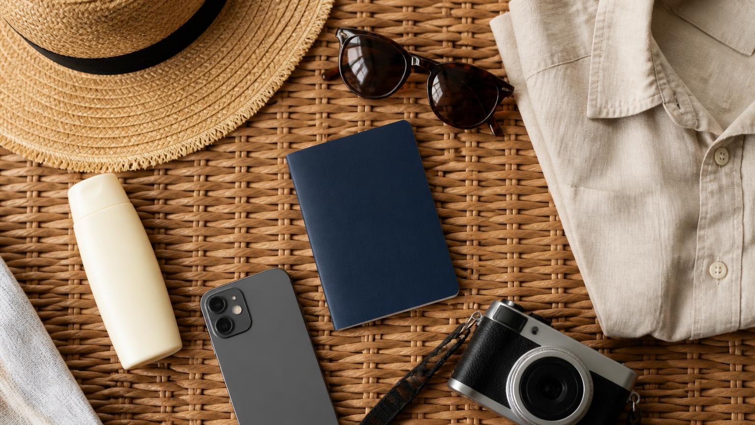 Holiday flat-lay with a passport, sunglasses, straw hat, suncream and a linen shirt on rattan