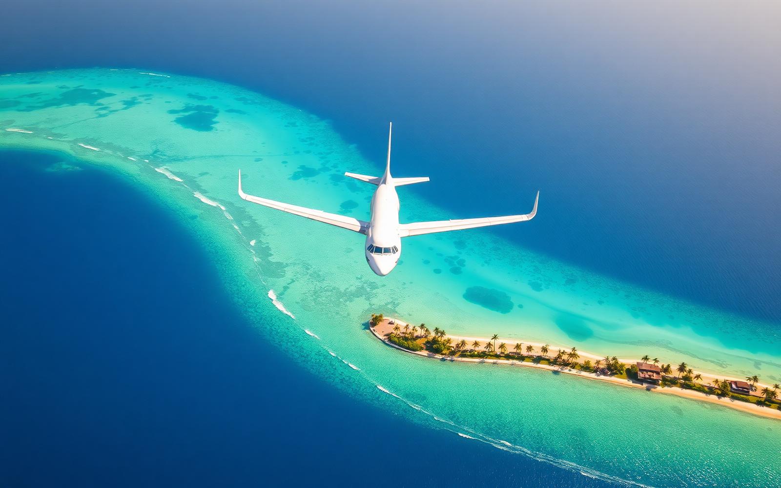Passenger jet flying over turquoise Caribbean water toward a palm-lined coast
