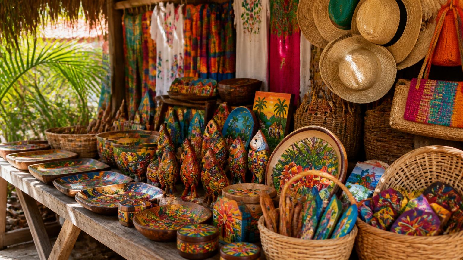 Colourful Dominican craft market stall with painted wooden souvenirs, baskets and straw hats