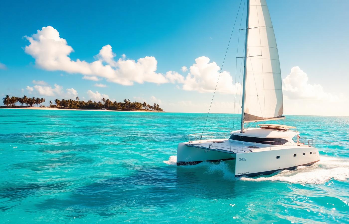 White catamaran under sail on turquoise Caribbean water off Punta Cana