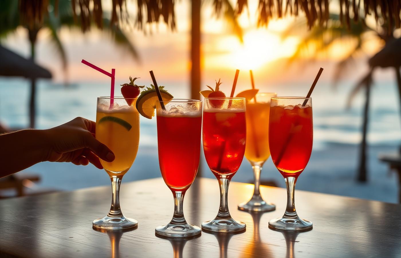 Friends raising cocktail glasses in a toast at a beach bar