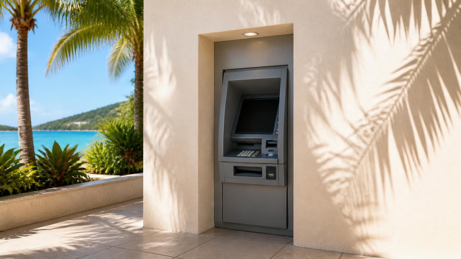 Plain unbranded cash machine set into a pale stucco wall shaded by palms in a tropical setting