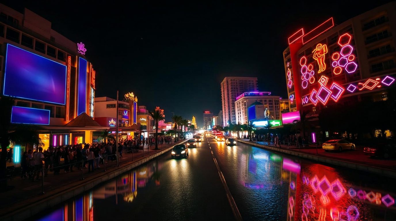 Cancun Hotel Zone at night with neon lights reflecting on the lagoon