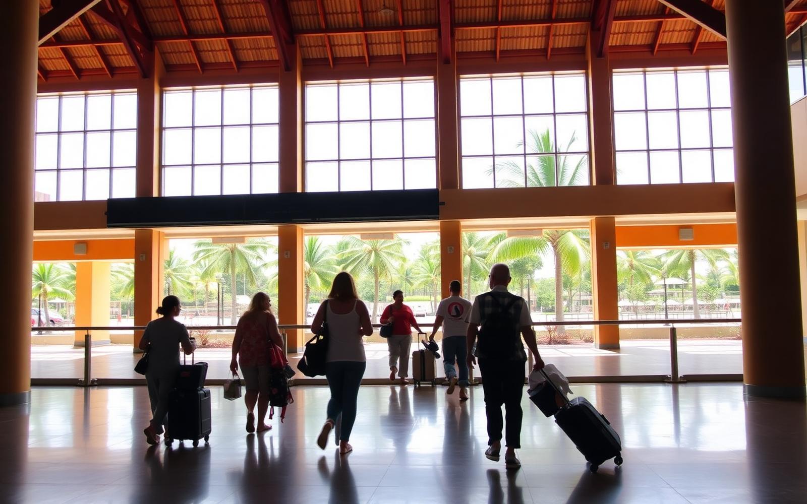Bright tropical airport arrivals hall with travellers and luggage