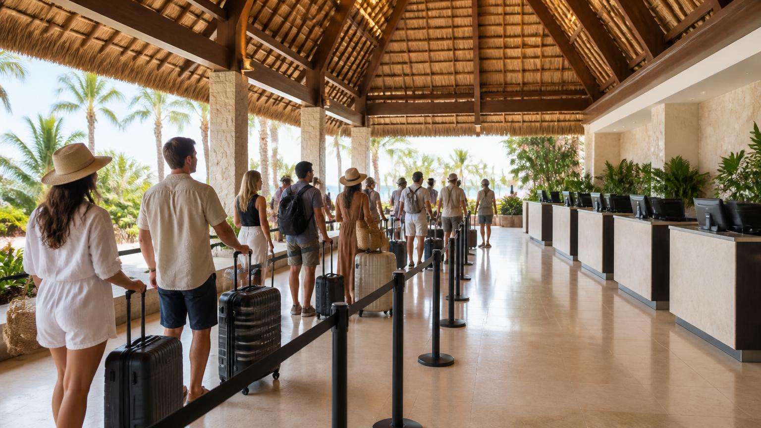 Departure check-in queue at a thatched-roof Caribbean airport with travellers and suitcases
