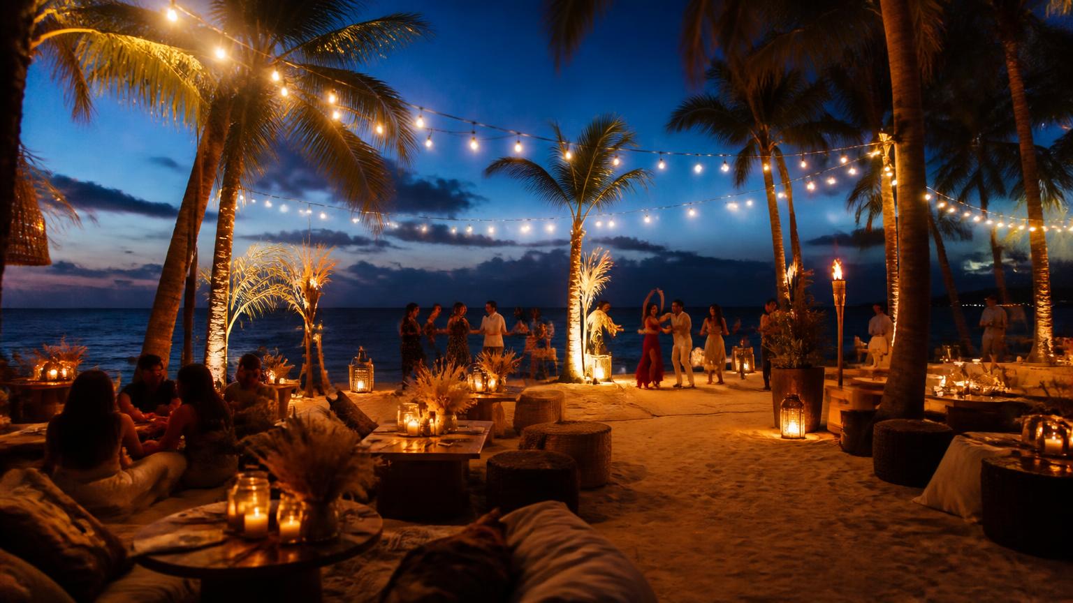 Caribbean beach club at dusk with festoon lights, low tables in the sand and torch flames