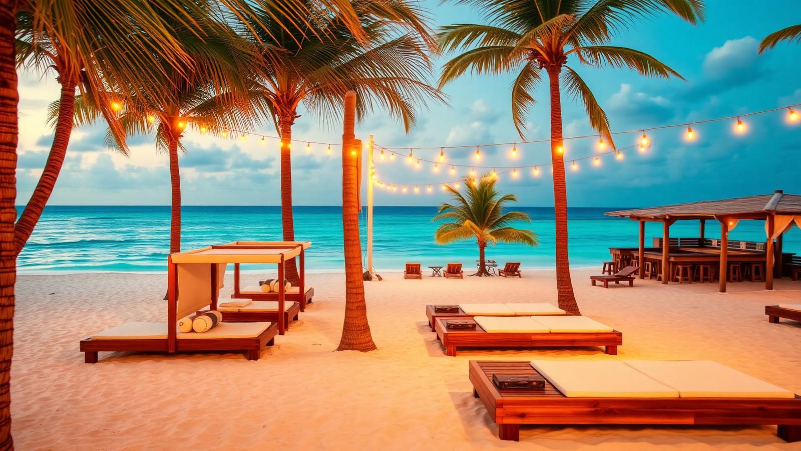 Wooden daybeds and string lights at a Punta Cana beach club during sunset