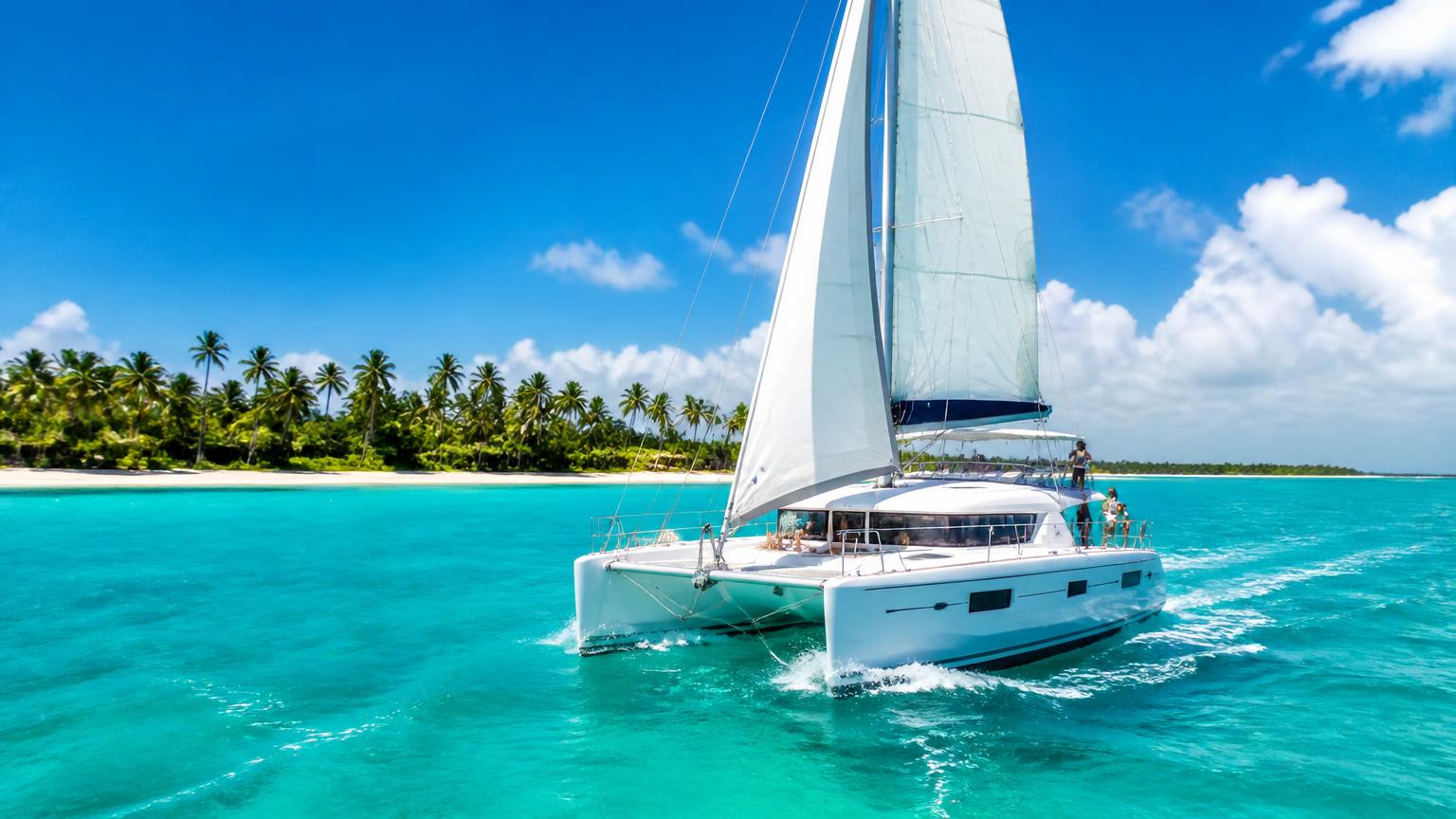 White sailing catamaran on turquoise Caribbean water off a palm-lined Punta Cana coastline