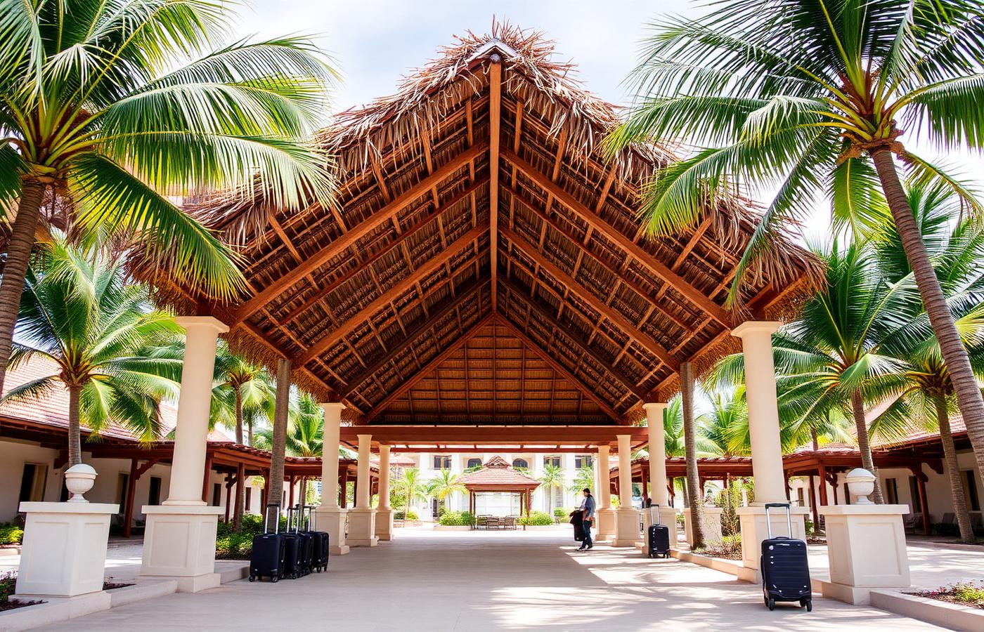 Open-air tropical terminal with a palm-thatch roof and tall coconut palms