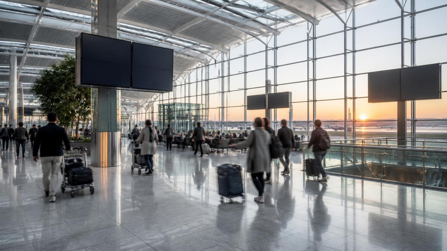 Bright modern British airport departure hall at dawn with travellers and luggage trolleys