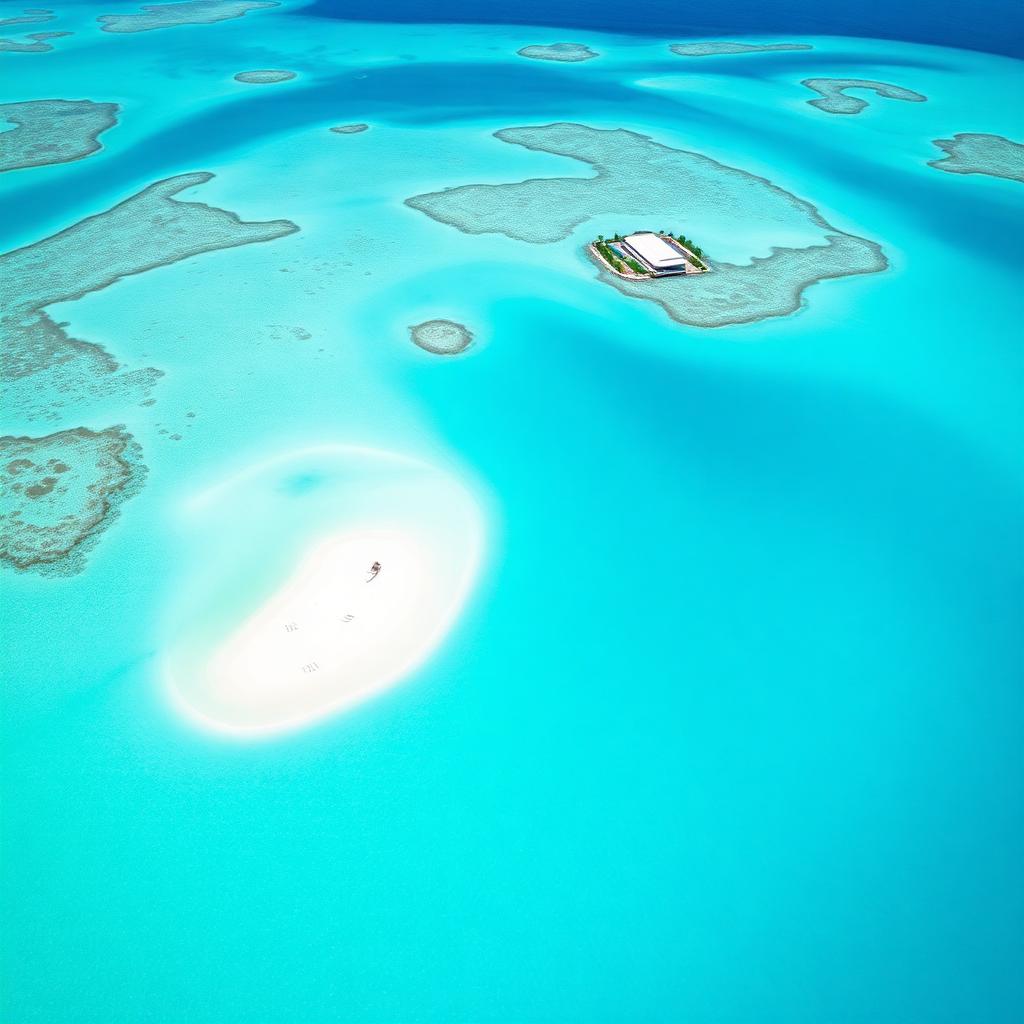 Aerial view of turquoise Bahamas water with sandbars and a small island