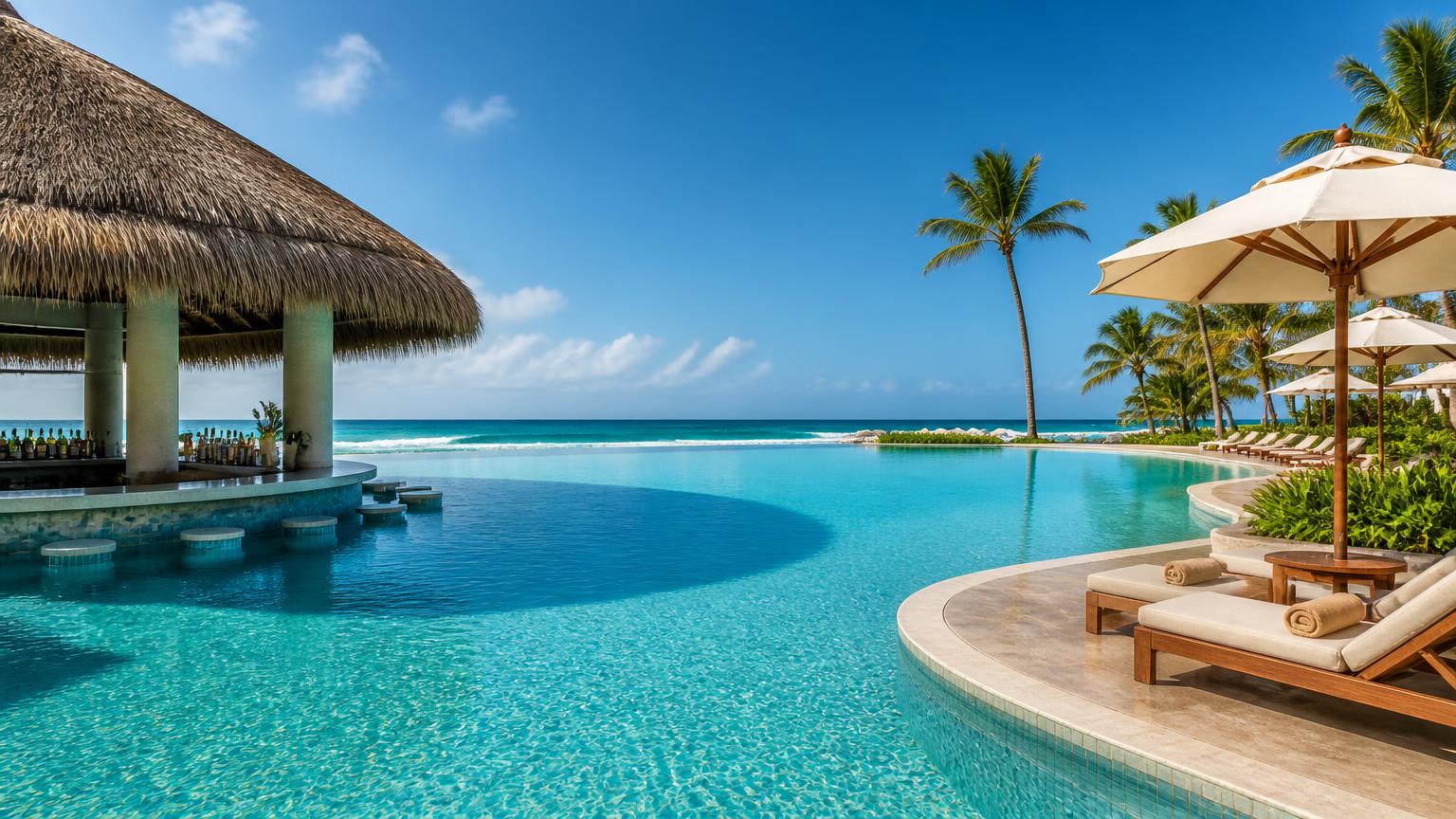 All-inclusive resort infinity pool with a thatched swim-up bar and palms in Punta Cana