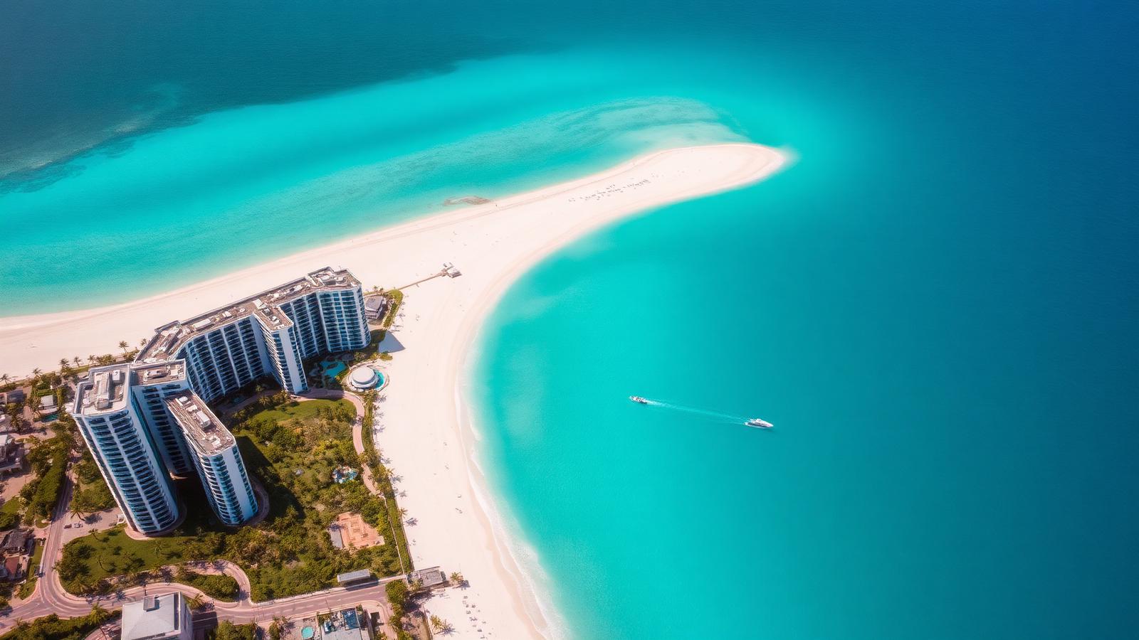 Aerial view of the Cancun Hotel Zone in Mexico showing white beach and turquoise sea