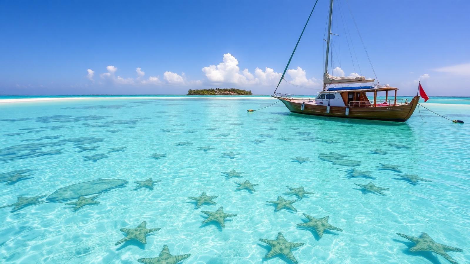 Wooden boat anchored over a shallow starfish sandbar off Saona Island