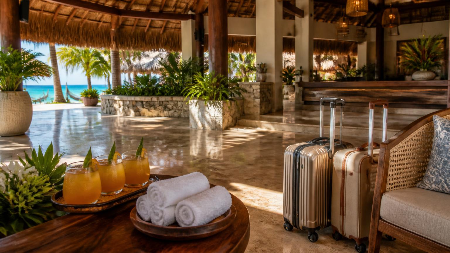 Open-air thatched Caribbean resort lobby with a welcome tray of drinks, cold towels and suitcases