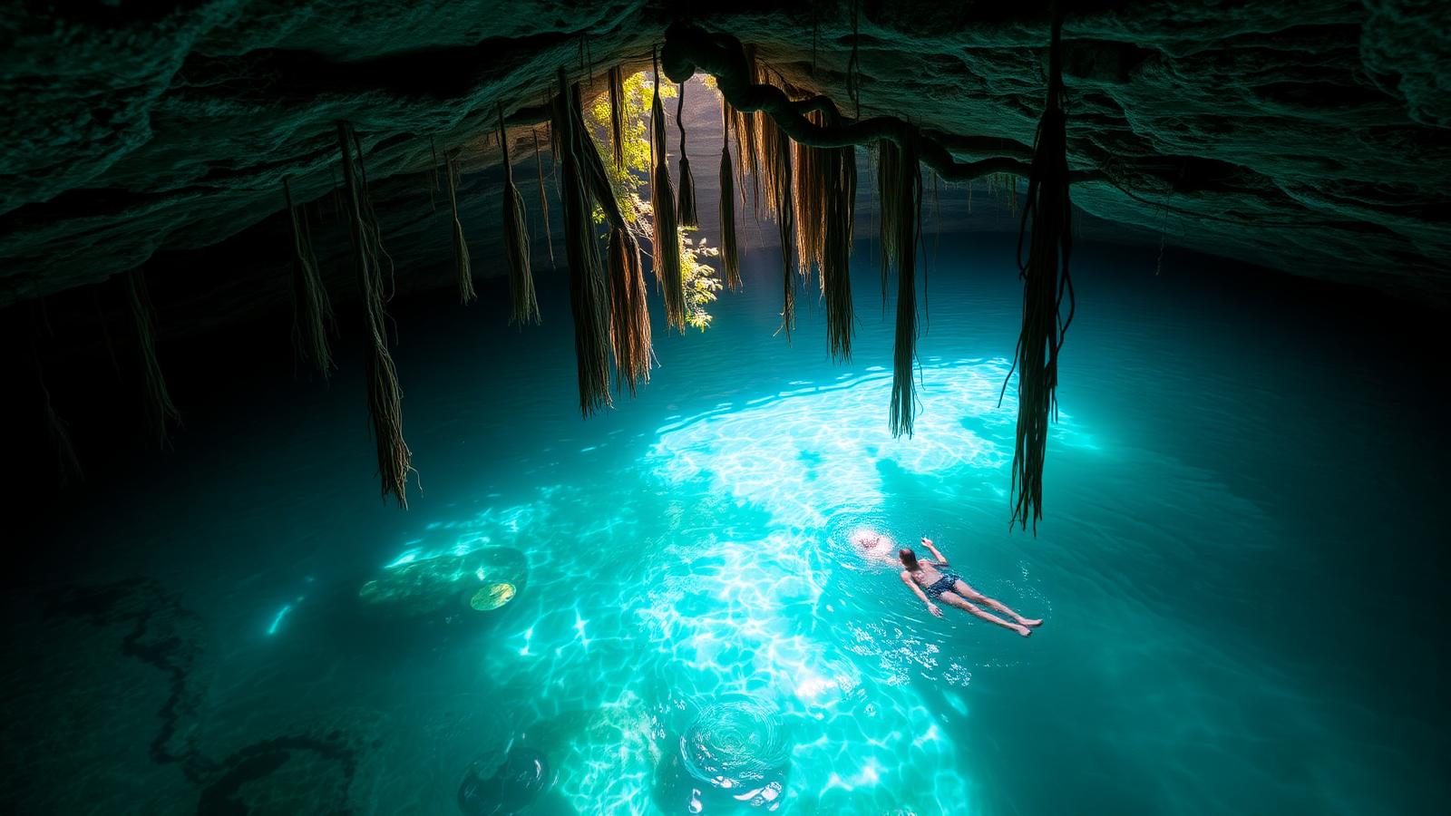 A swimmer floating in a Mexican cenote with hanging tree roots and turquoise freshwater