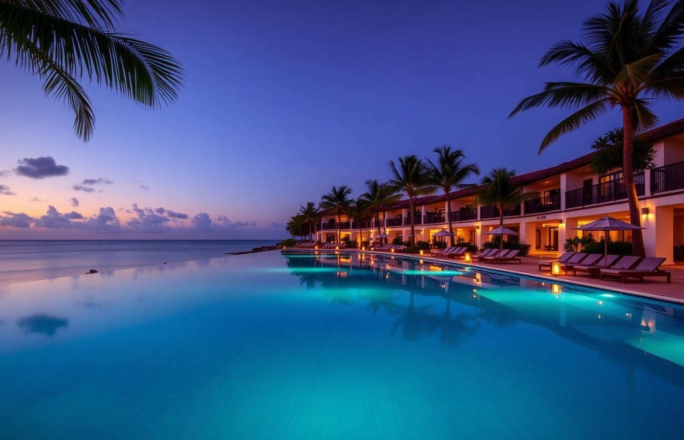 Resort infinity pool at dusk with palm silhouettes and warm lantern lighting
