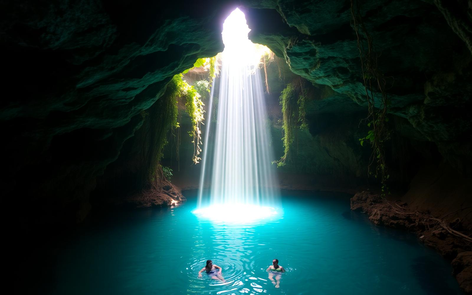 Sunlit cenote in the Yucatan jungle