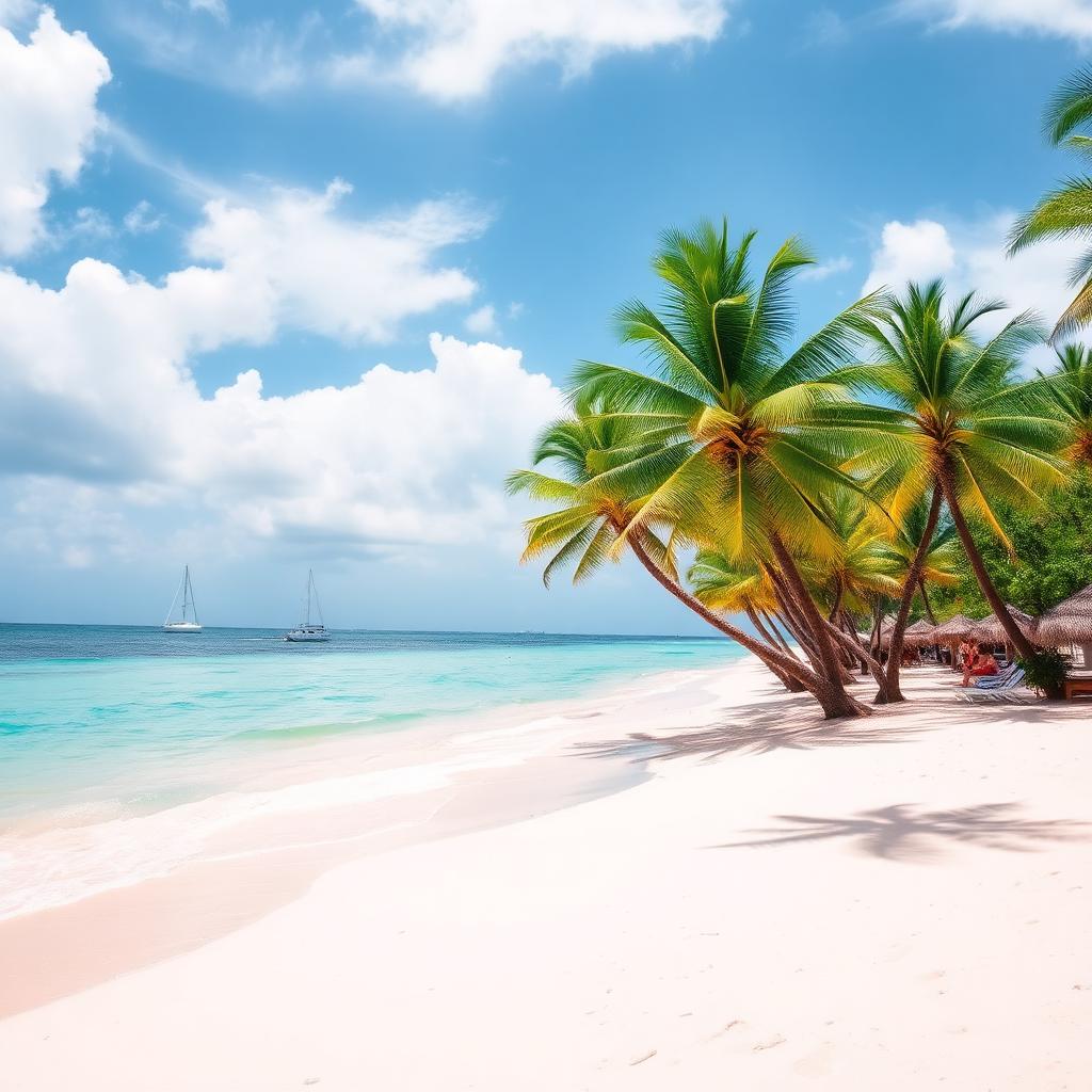 Palm-lined white sand beach in Punta Cana with turquoise Caribbean water and sailboats offshore