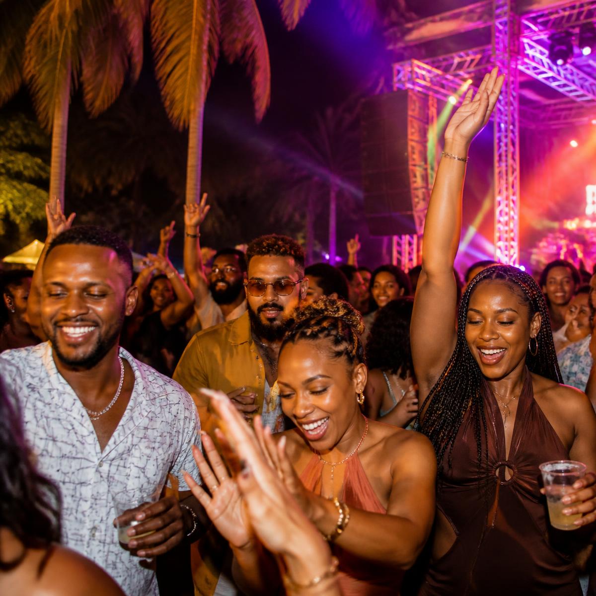 Travelers dancing at an outdoor Caribbean nightlife party