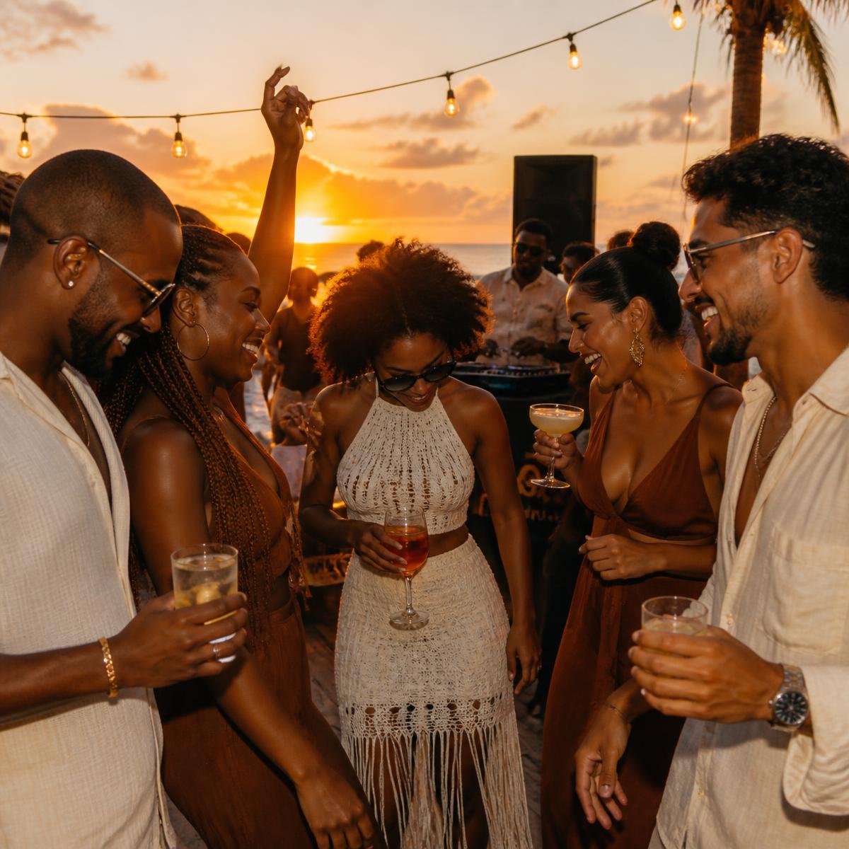 Sunset beach club party with golden-hour light